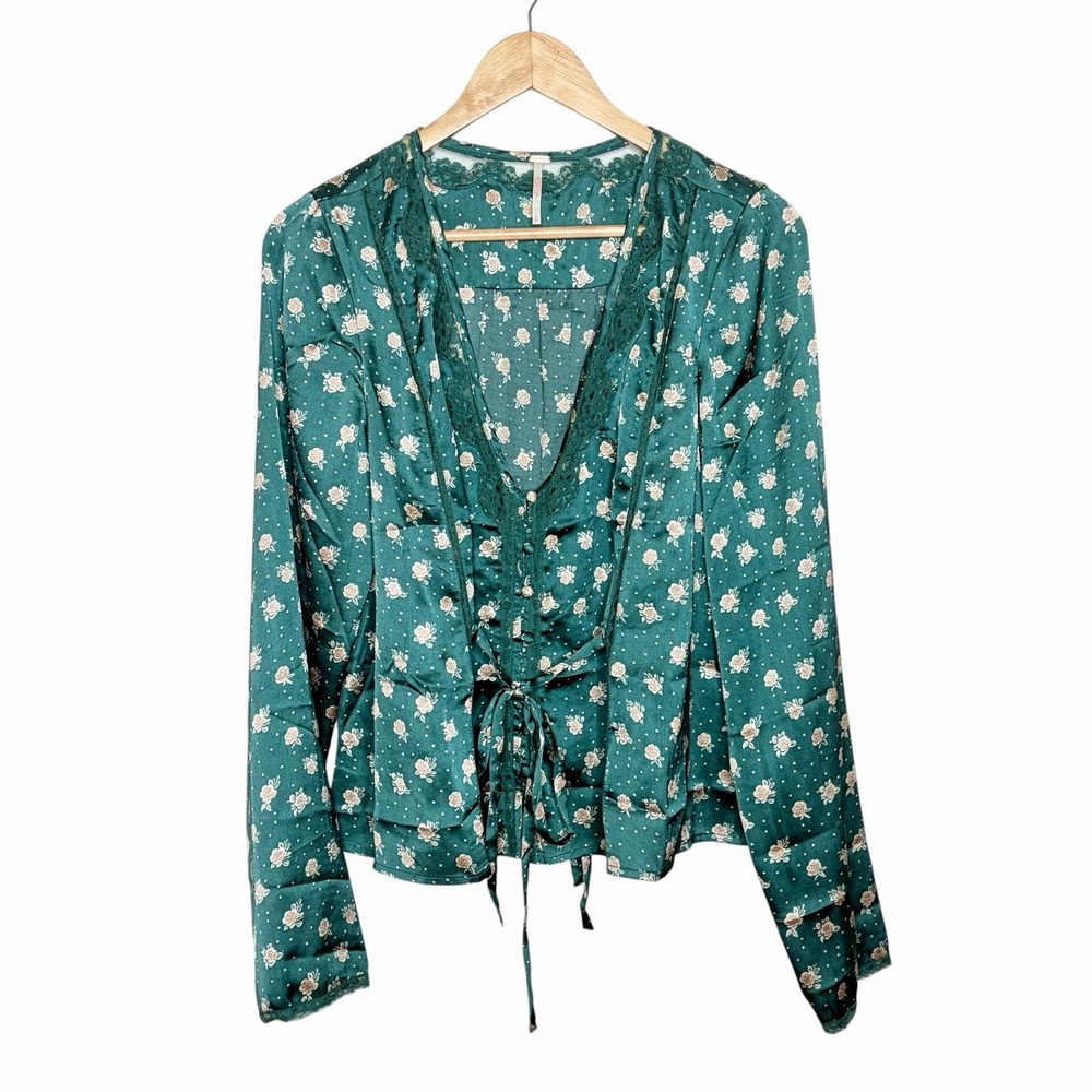 Free People Floral Satin Lace Trim Top Womens L Boho Coquette Fairy Romantic
